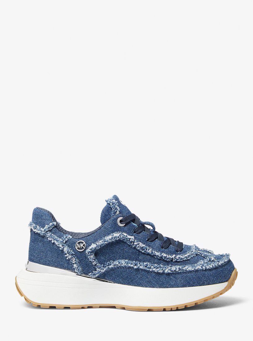 Basket Michael Kors Ari Frayed Denim Trainer Femme Bleu | 0582QFNMJ