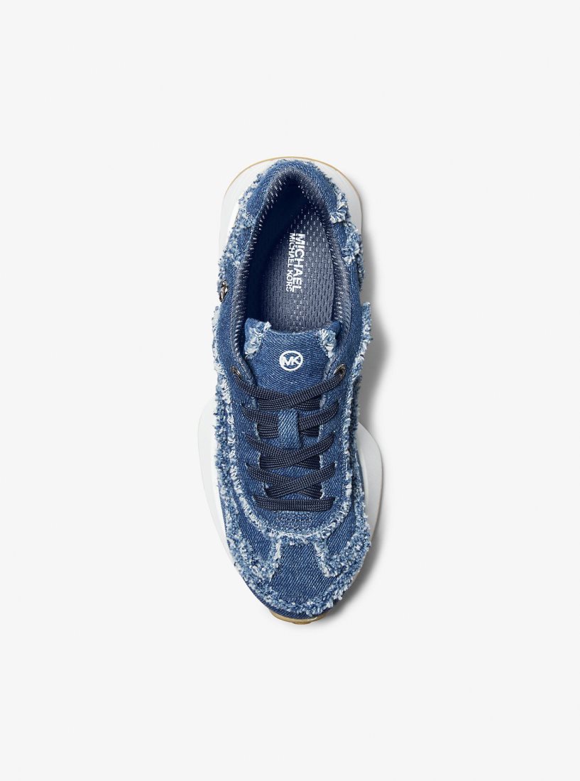 Basket Michael Kors Ari Frayed Denim Trainer Femme Bleu | 0582QFNMJ