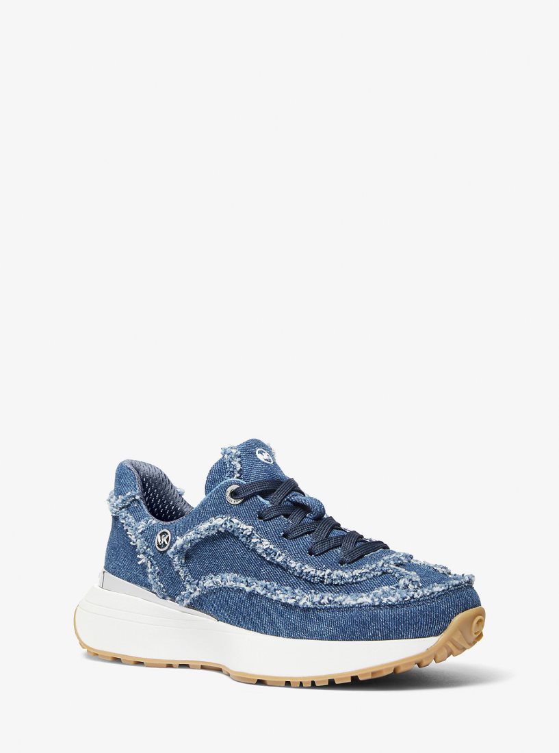 Basket Michael Kors Ari Frayed Denim Trainer Femme Bleu | 0582QFNMJ