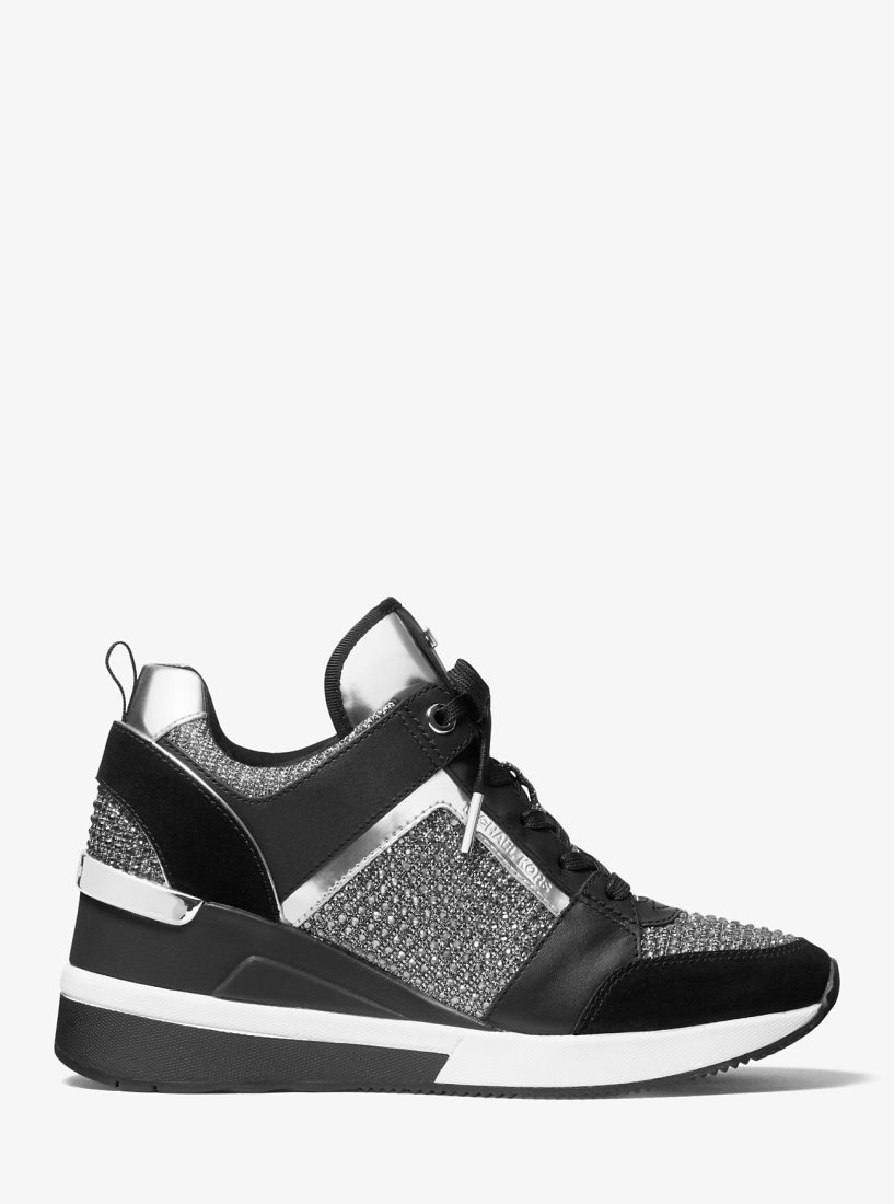 Basket Michael Kors Georgie Leather and Glitter Chain-Mesh Trainer Femme Grise Foncé | 0921HKVMQ