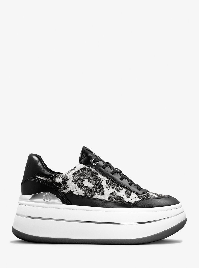 Basket Michael Kors Hayes Leopard Logo and Leather Platform Sneaker Femme Noir | 4802ZFINR