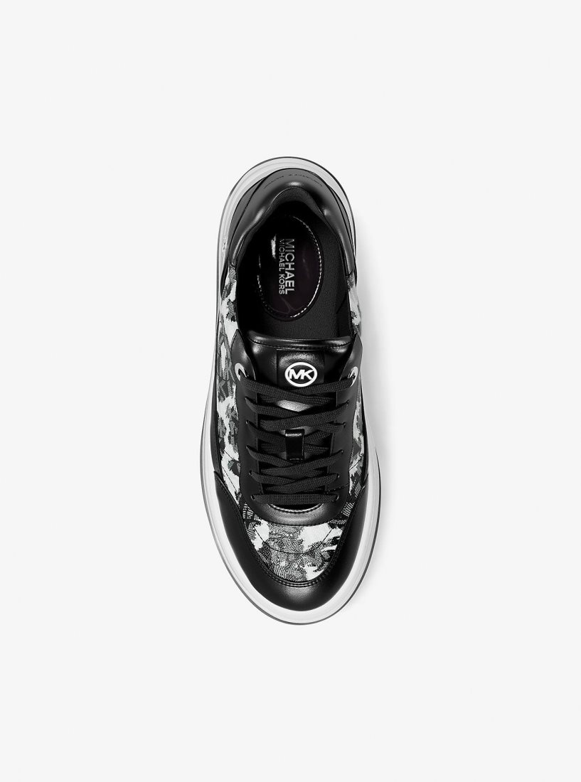 Basket Michael Kors Hayes Leopard Logo and Leather Platform Sneaker Femme Noir | 4802ZFINR