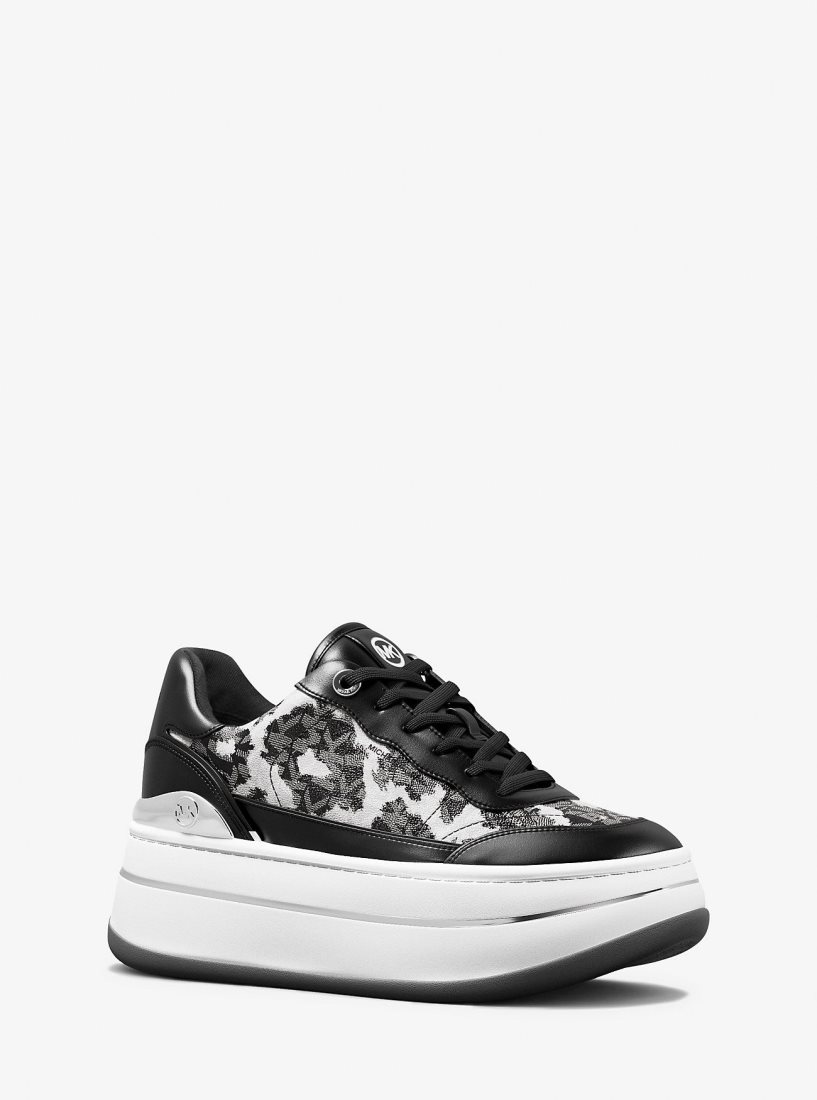 Basket Michael Kors Hayes Leopard Logo and Leather Platform Sneaker Femme Noir | 4802ZFINR