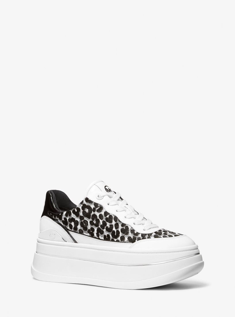 Basket Michael Kors Hayes Leopard Print Calf Hair Platform Sneaker Femme Noir | 5739ZLSDV