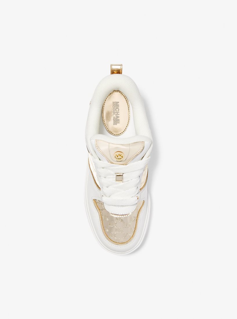 Basket Michael Kors Rumi Leather and Logo-Embossed Metallic Platform Sneakers Femme Doré | 5401VENGO