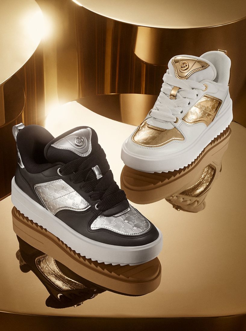 Basket Michael Kors Rumi Leather and Logo-Embossed Metallic Platform Sneakers Femme Doré | 5401VENGO