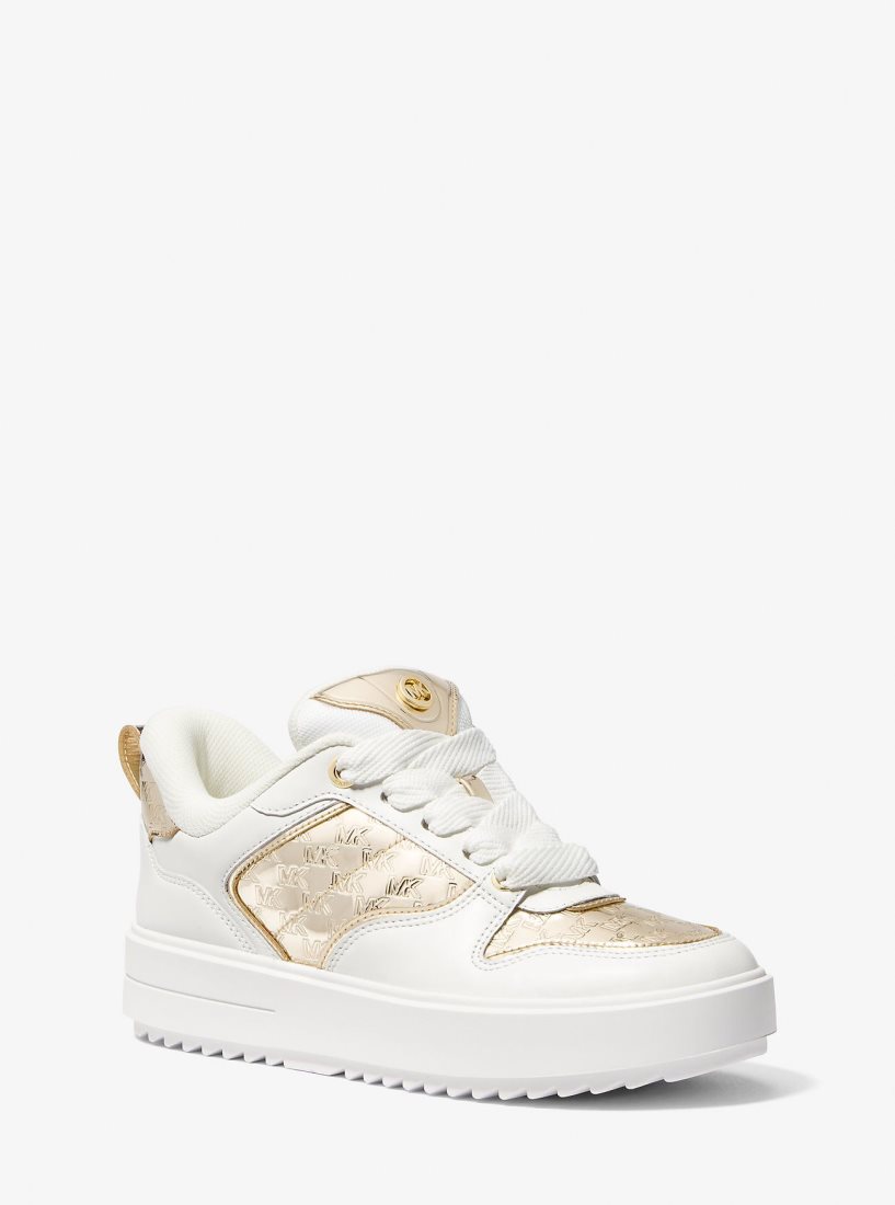 Basket Michael Kors Rumi Leather and Logo-Embossed Metallic Platform Sneakers Femme Doré | 5401VENGO