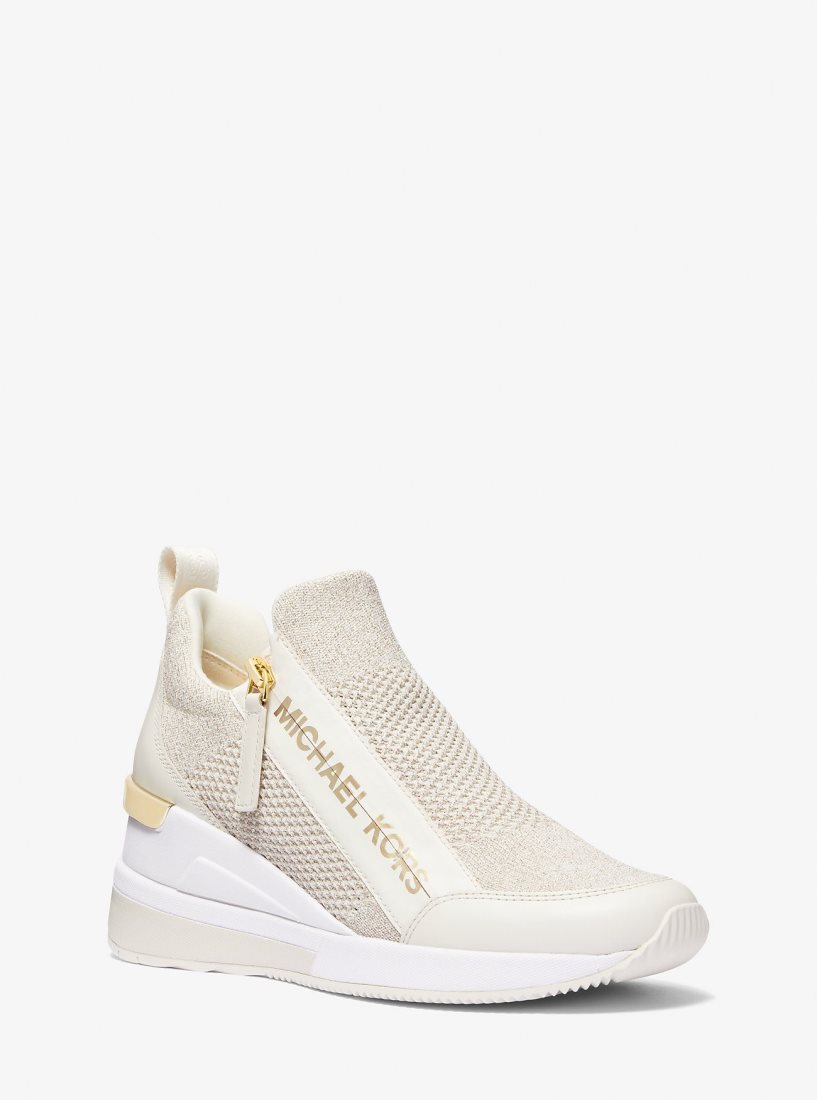 Basket Michael Kors Willis Metallic Stretch Knit Trainer Femme Champagne | 5276PRFQW