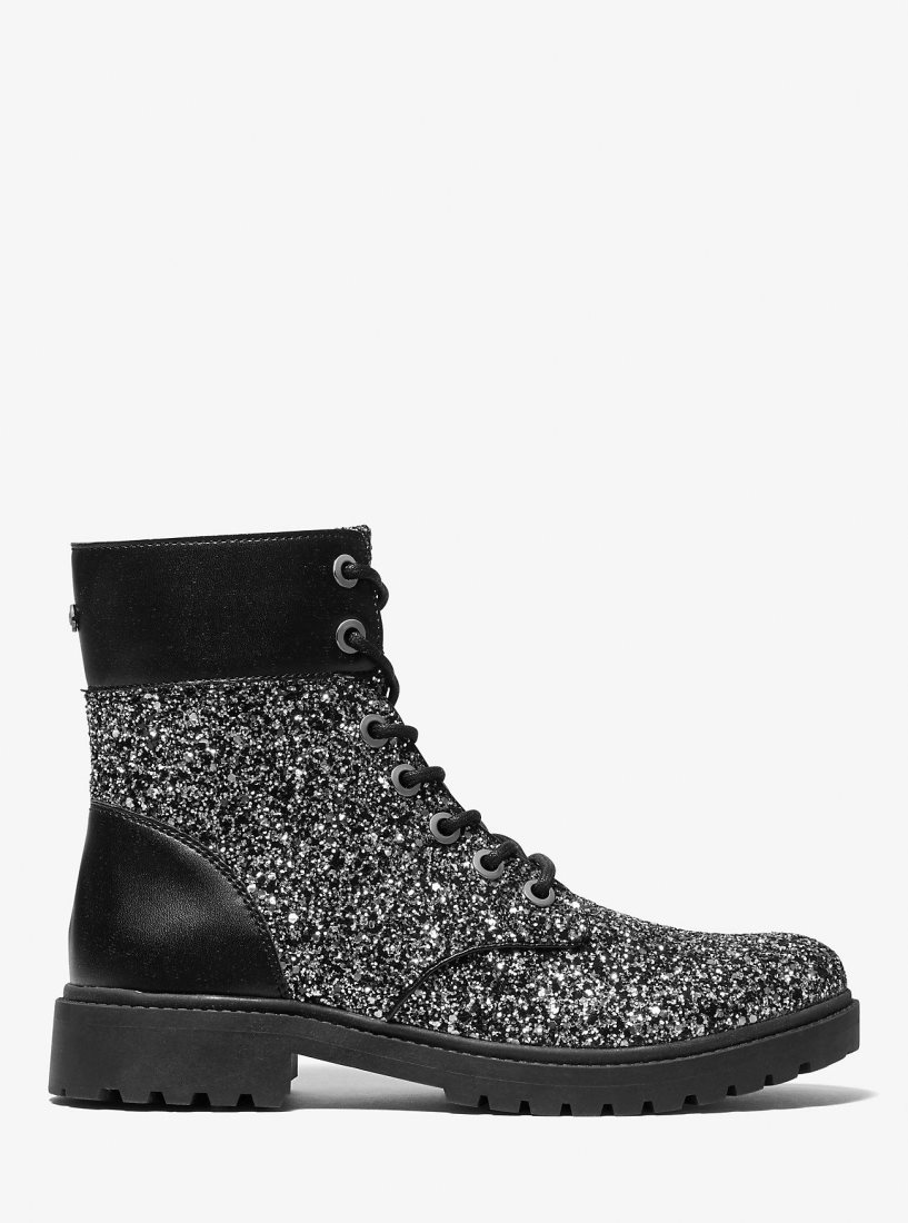 Botte Michael Kors Alistair Glitter Combat Boot Femme Noir Argent | 4286TQOXA