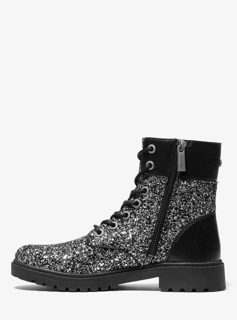 Botte Michael Kors Alistair Glitter Combat Boot Femme Noir Argent | 4286TQOXA