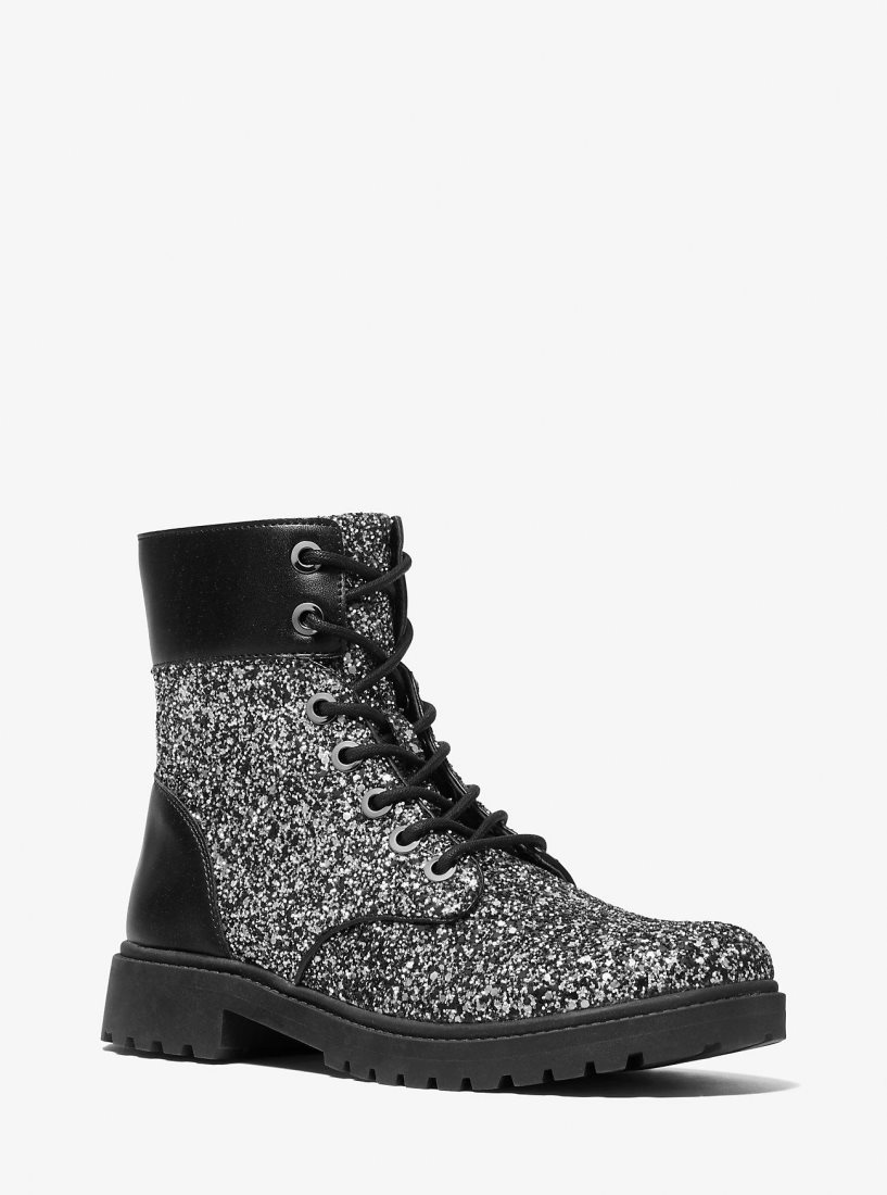 Botte Michael Kors Alistair Glitter Combat Boot Femme Noir Argent | 4286TQOXA
