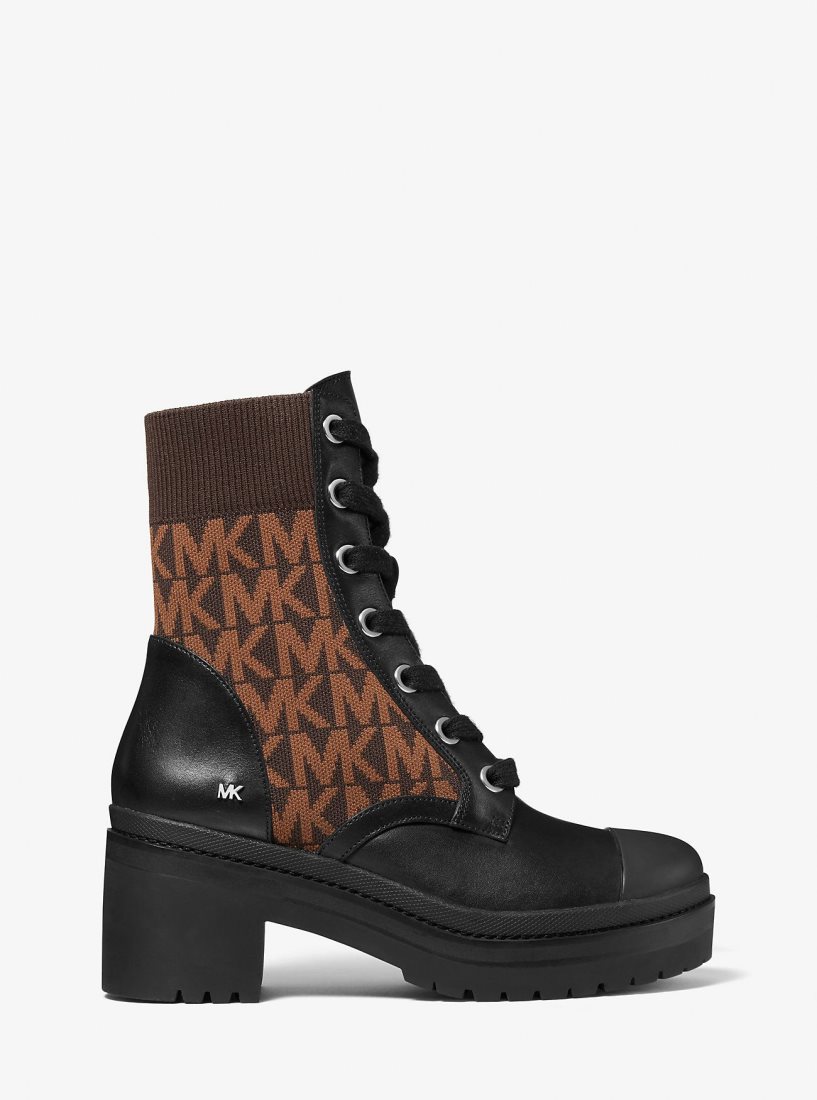 Botte Michael Kors Brea Leather and Logo Jacquard Combat Boot Femme Marron | 3947GCJHU