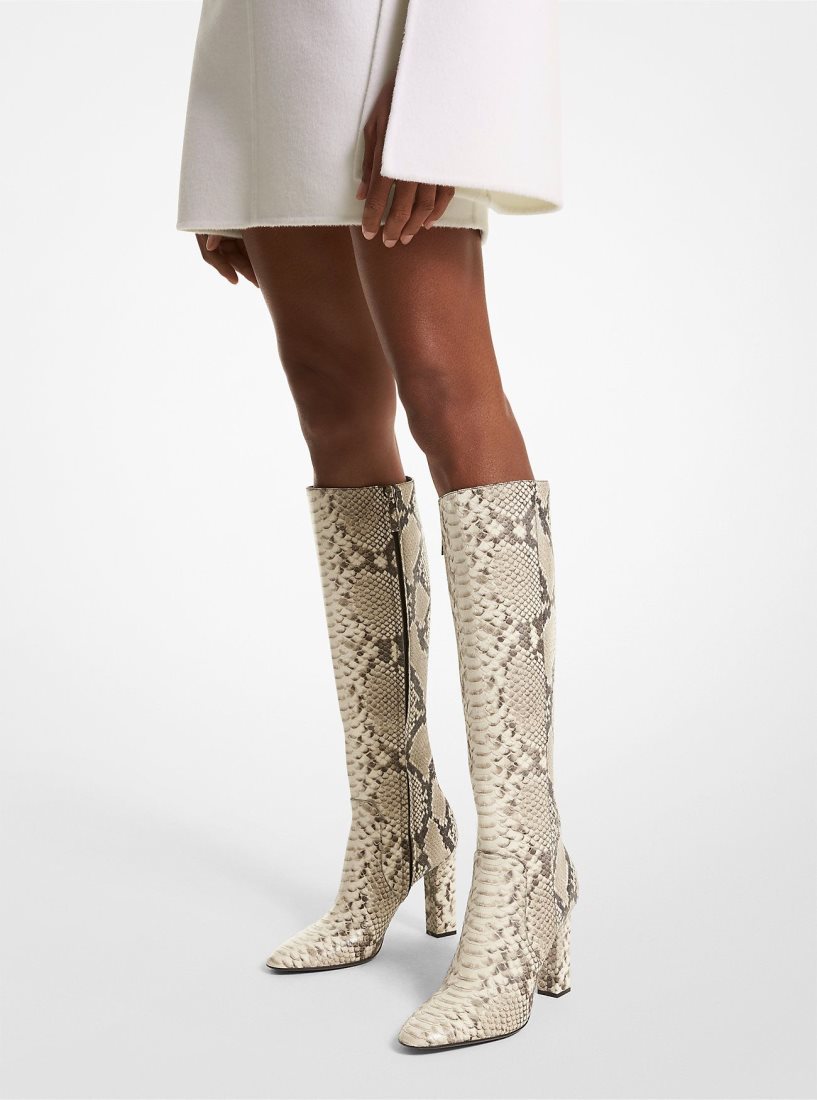 Botte Michael Kors Carly Python Embossed Leather Boot Femme Beige | 1079XITBE