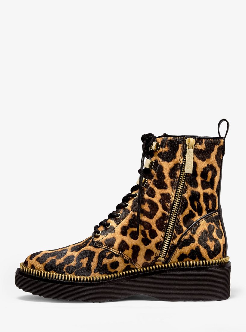 Botte Michael Kors Haskell Leopard Calf Hair Combat Boot Femme Butterscotch | 8942GVAJM