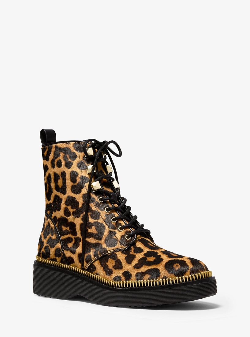 Botte Michael Kors Haskell Leopard Calf Hair Combat Boot Femme Butterscotch | 8942GVAJM