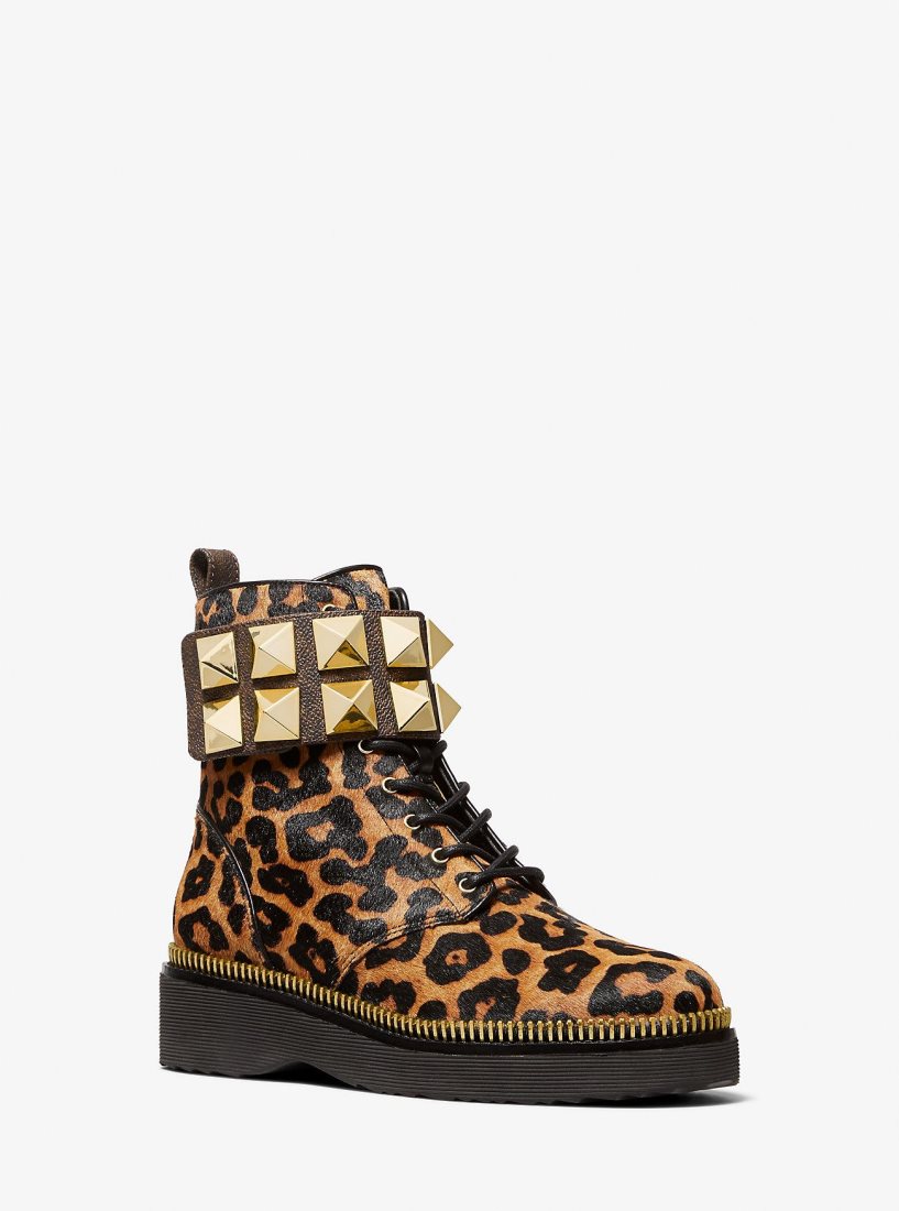Botte Michael Kors Haskell Studded Printed Calf Hair Combat Boot Femme Butterscotch | 3671TDPBR
