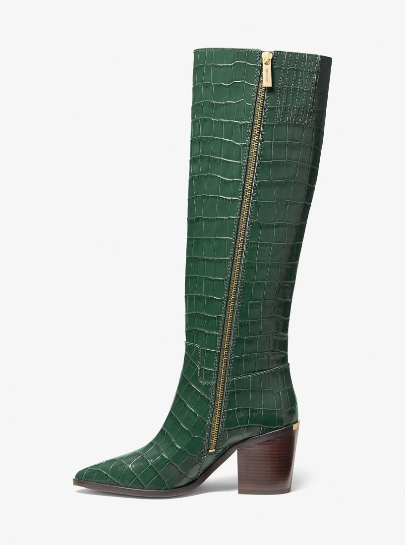 Botte Michael Kors Loni Crocodile Embossed Leather Boot Femme Moss | 1907HLDWB