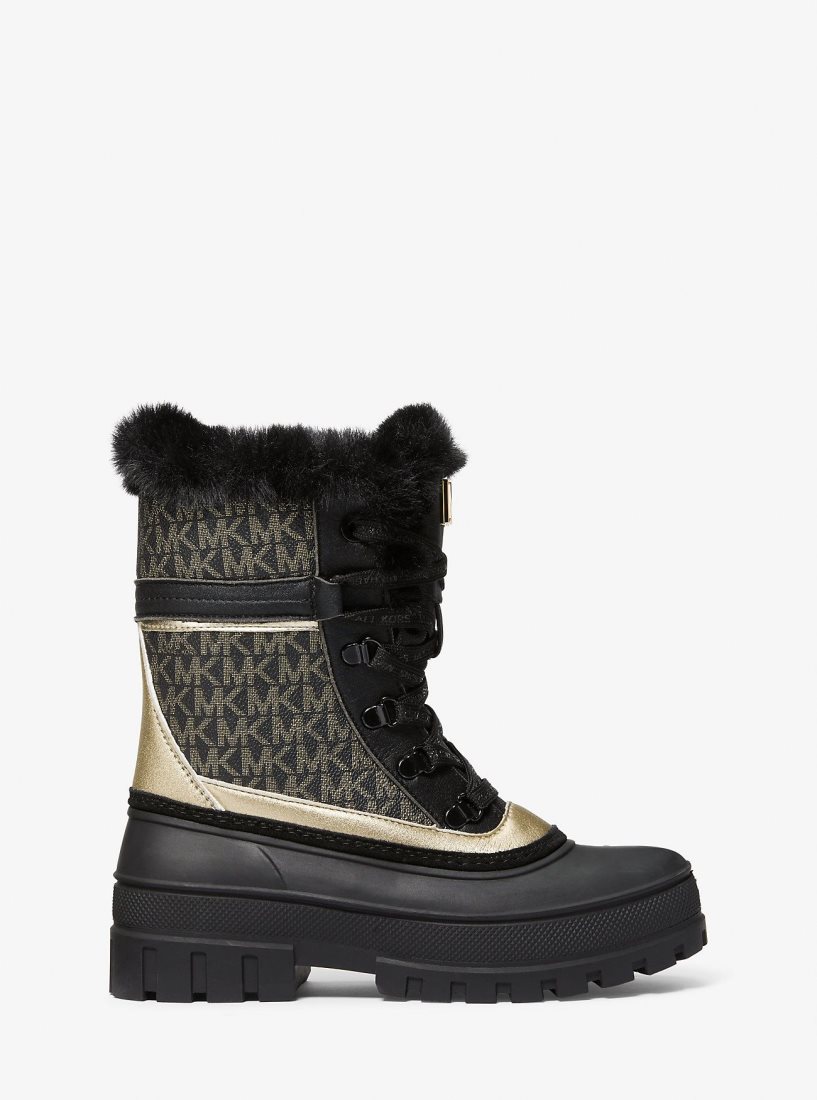 Botte Michael Kors Ozzie Metallic Logo Boot Femme Noir Doré | 5913JSYGZ