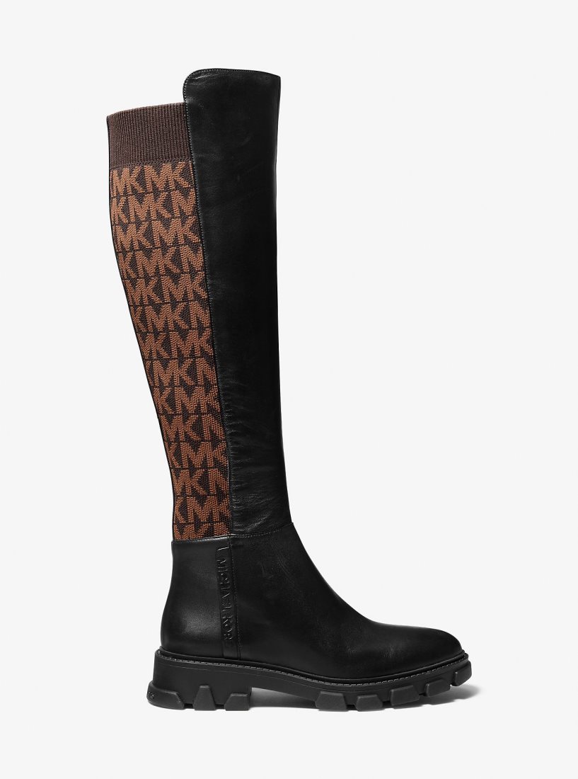 Botte Michael Kors Ridley Leather and Logo Jacquard Knee Boot Femme Marron | 4582SDEZX
