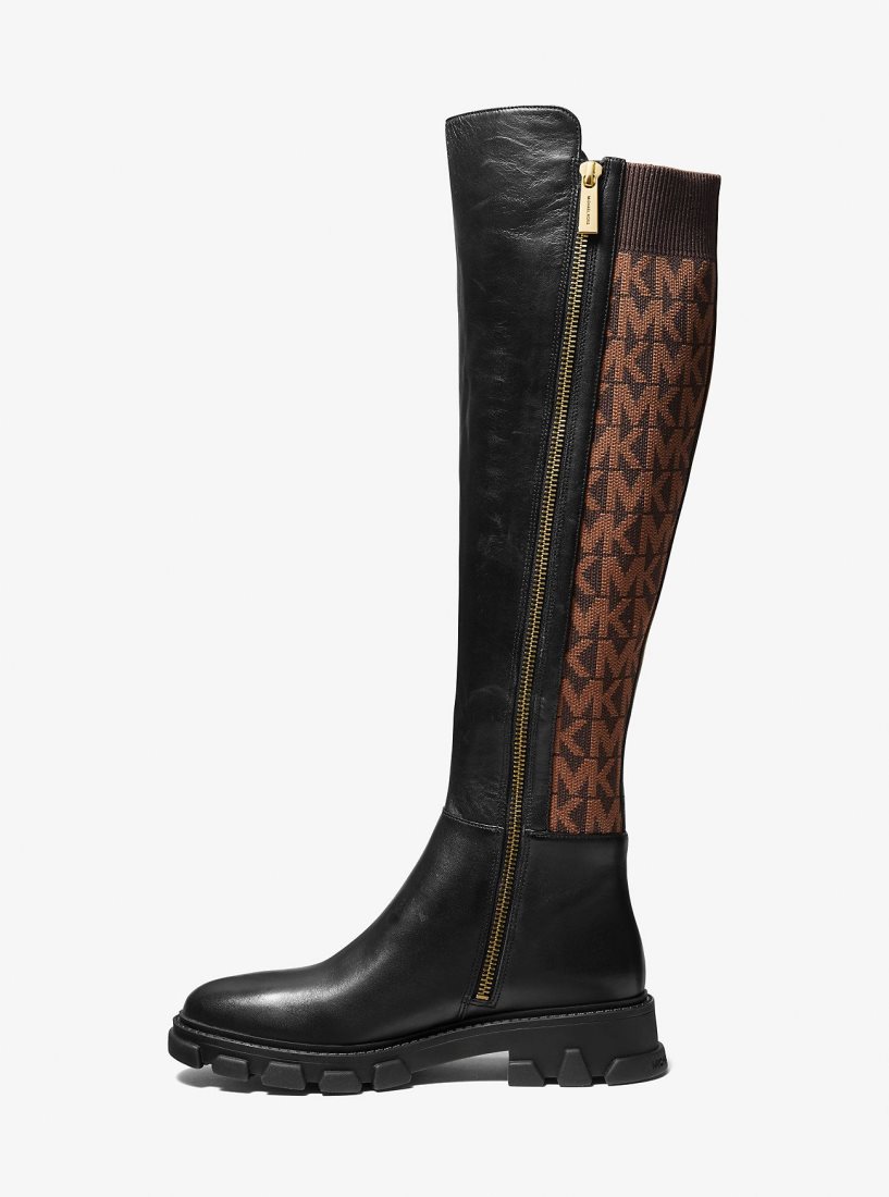 Botte Michael Kors Ridley Leather and Logo Jacquard Knee Boot Femme Marron | 4582SDEZX