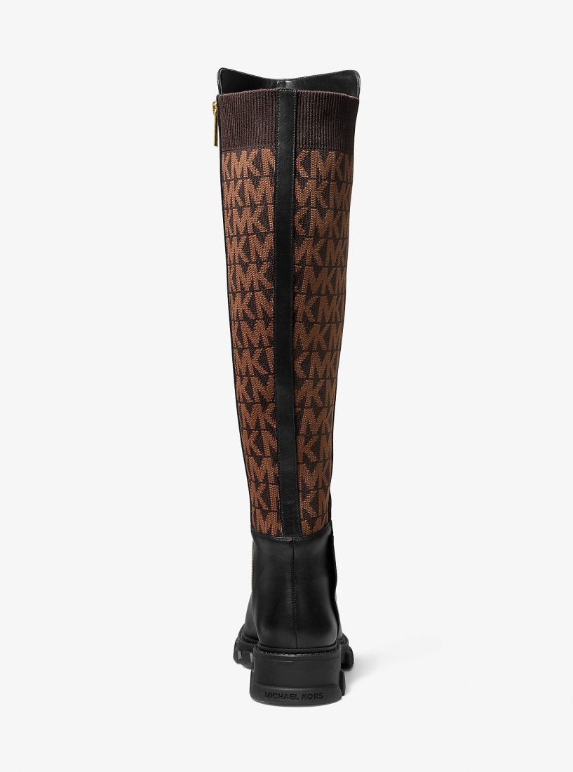 Botte Michael Kors Ridley Leather and Logo Jacquard Knee Boot Femme Marron | 4582SDEZX