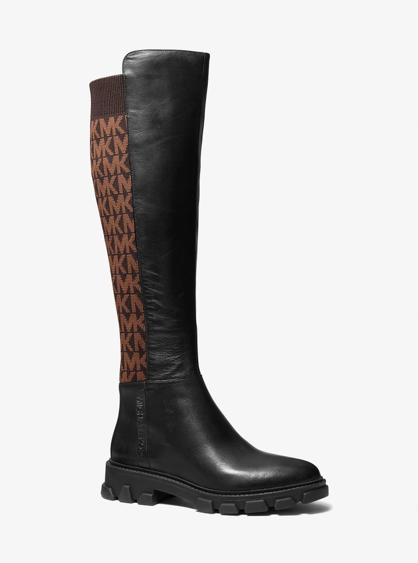Botte Michael Kors Ridley Leather and Logo Jacquard Knee Boot Femme Marron | 4582SDEZX