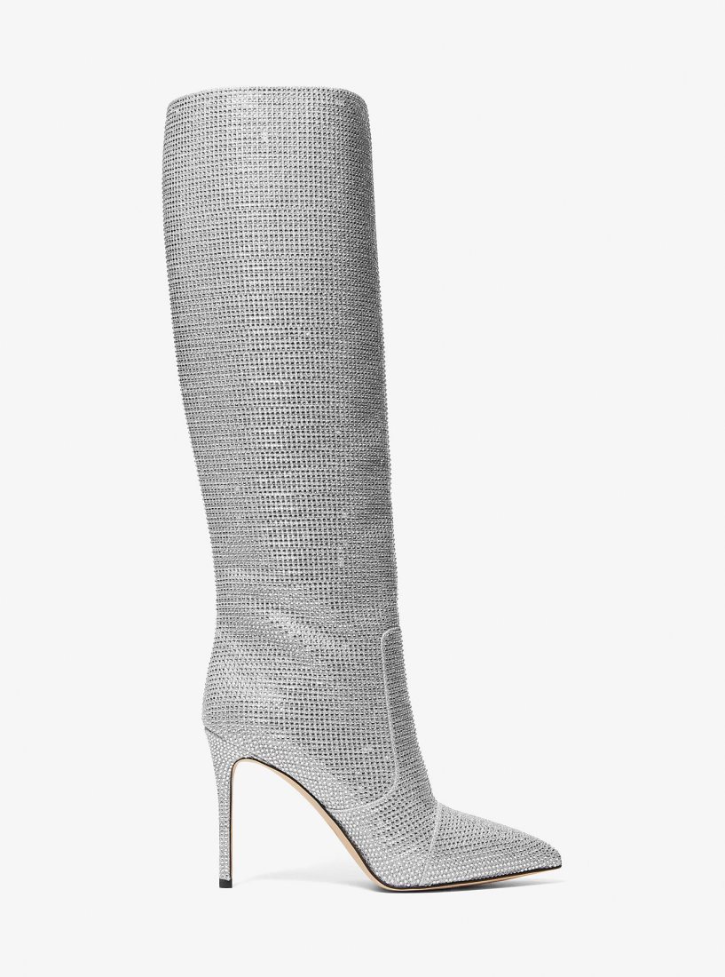Botte Michael Kors Rue Embellished Glitter Chain-Mesh Knee Boot Femme Argent | 0521VPQFG