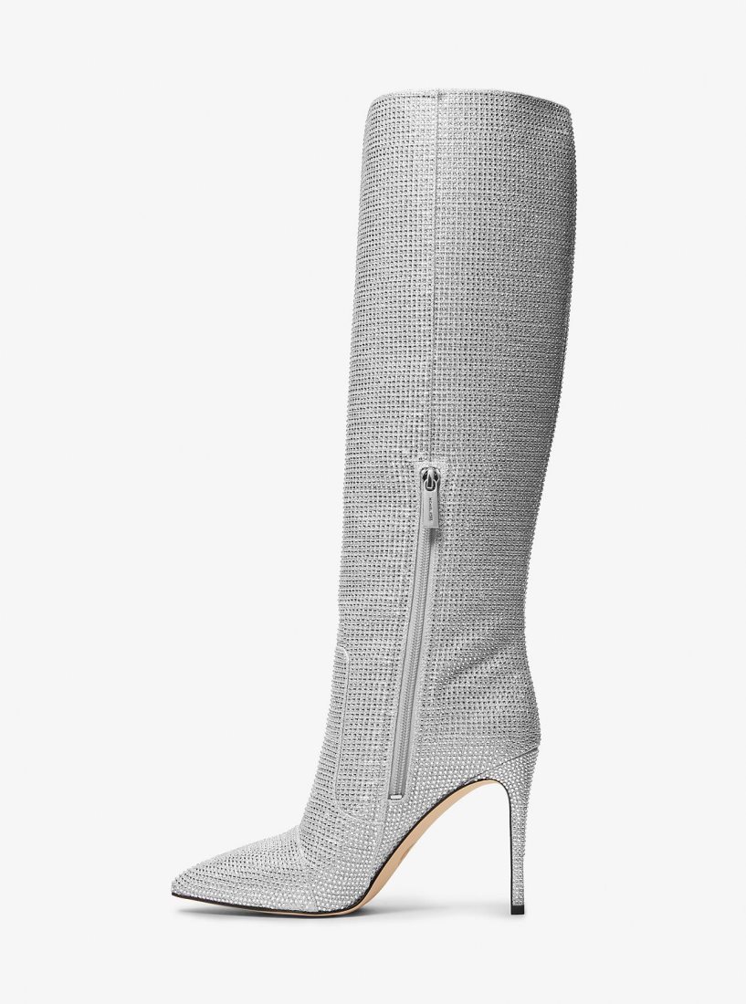 Botte Michael Kors Rue Embellished Glitter Chain-Mesh Knee Boot Femme Argent | 0521VPQFG