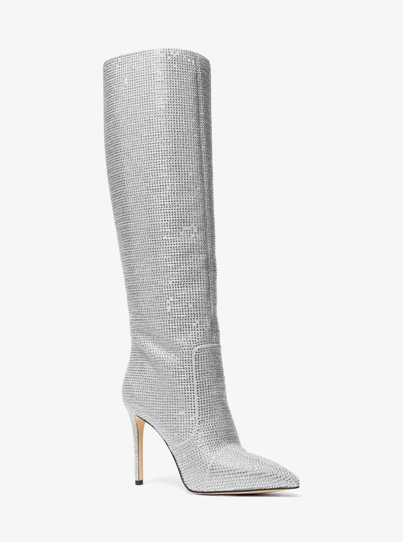 Botte Michael Kors Rue Embellished Glitter Chain-Mesh Knee Boot Femme Argent | 0521VPQFG
