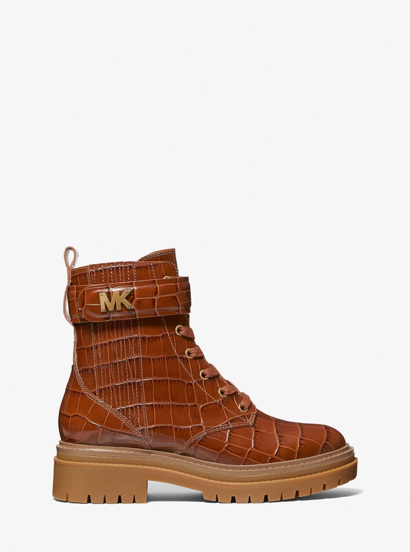 Botte Michael Kors Stark Crocodile Embossed Leather Combat Boot Femme Marron | 0562DVKFC