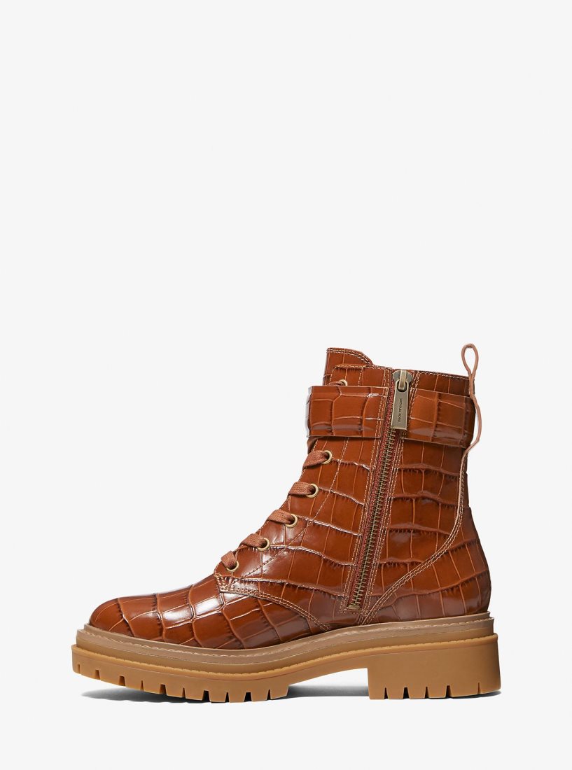 Botte Michael Kors Stark Crocodile Embossed Leather Combat Boot Femme Marron | 0562DVKFC