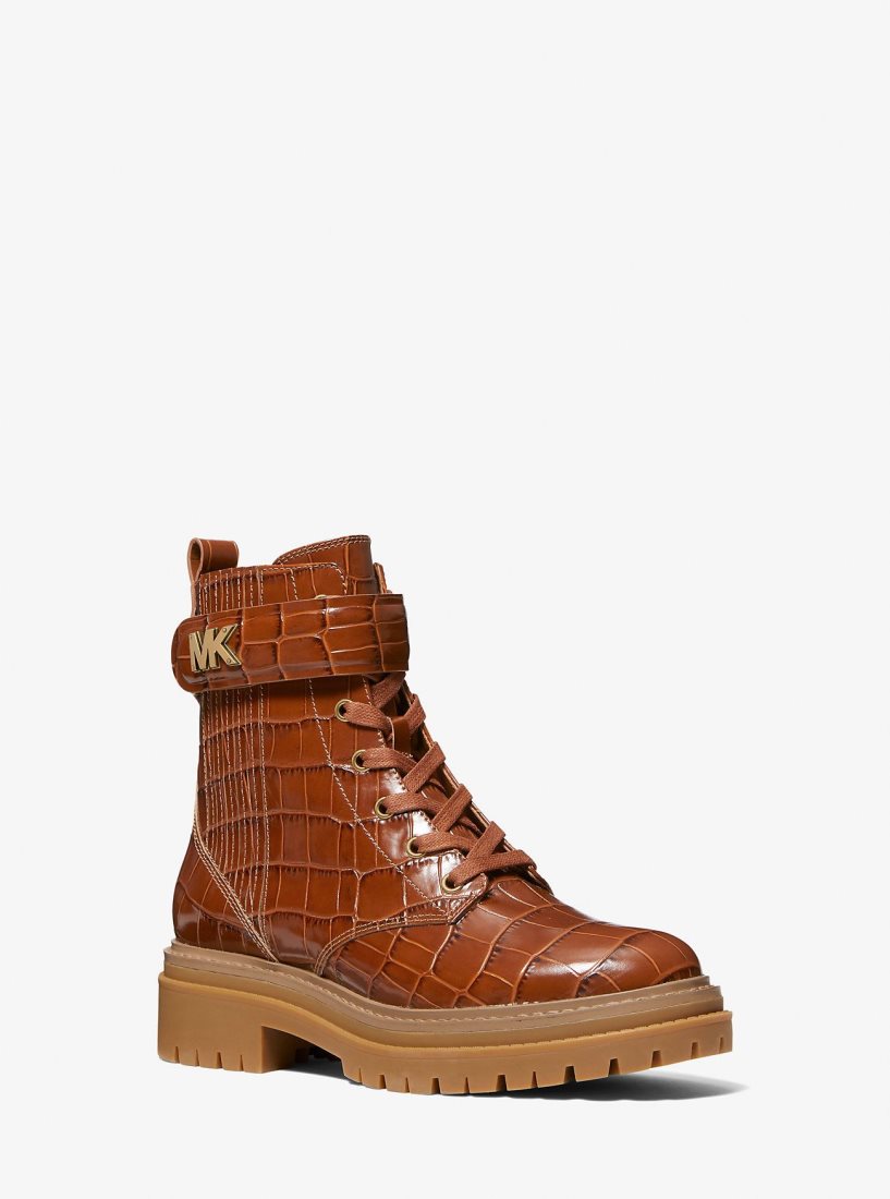 Botte Michael Kors Stark Crocodile Embossed Leather Combat Boot Femme Marron | 0562DVKFC