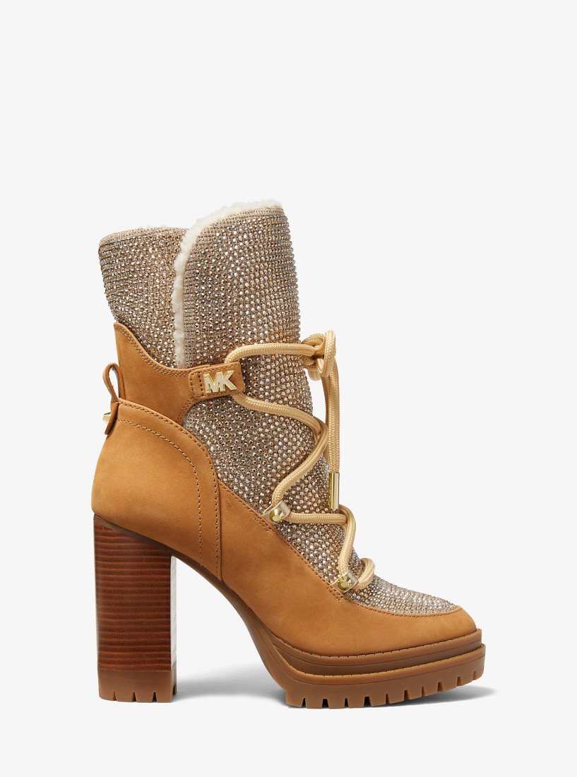 Bottines Michael Kors Culver Embellished Nubuck and Glitter Chain Mesh Lace-Up Boot Femme Marron | 1382ANKDF