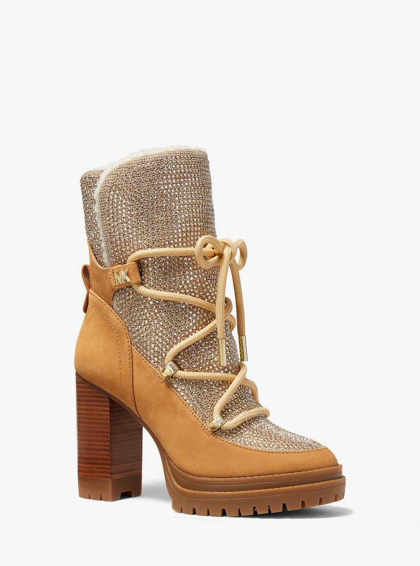 Bottines Michael Kors Culver Embellished Nubuck and Glitter Chain Mesh Lace-Up Boot Femme Marron | 1382ANKDF
