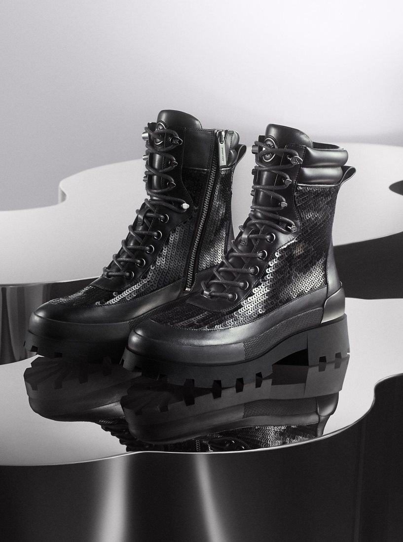 Bottines Michael Kors Rowan Embellished Leather Lace-Up Boot Femme Noir | 3275WQKLO