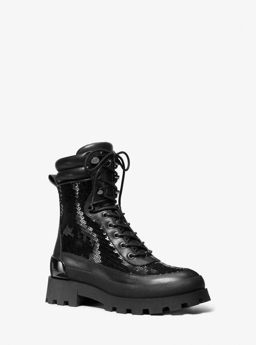 Bottines Michael Kors Rowan Embellished Leather Lace-Up Boot Femme Noir | 3275WQKLO