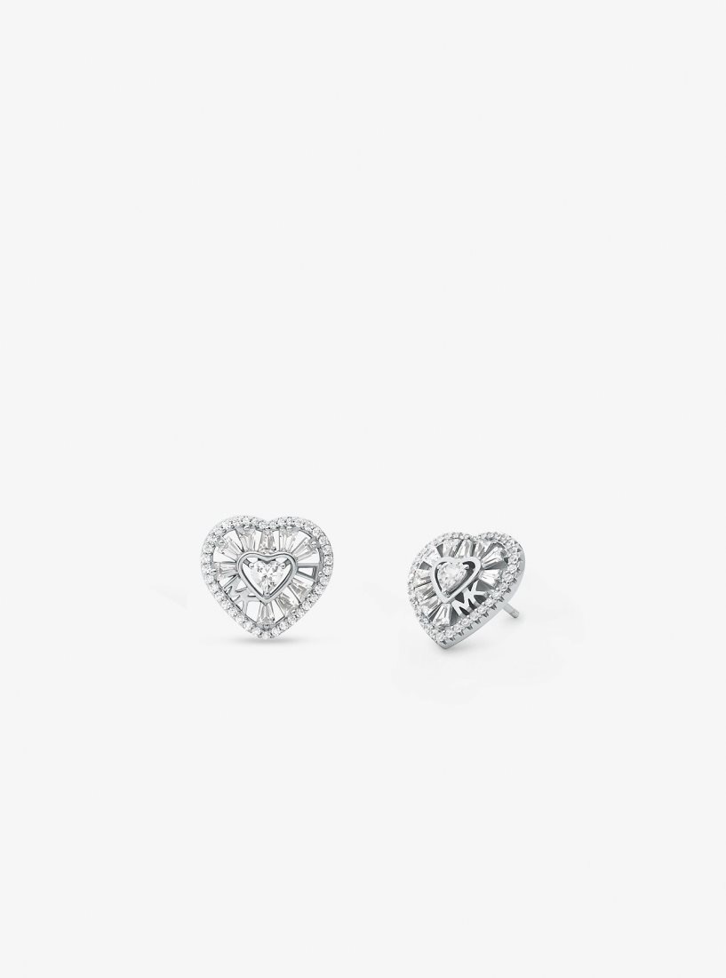 Boucles d'Oreilles Michael Kors Precious Metal-Plated Sterling Silver Pave Heart Stud Earrings Femme Argent | 0714FTQPR
