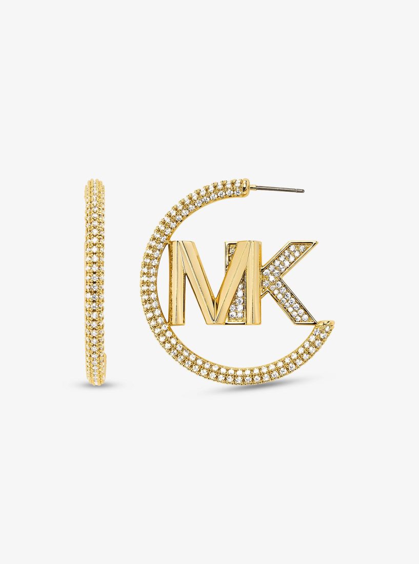 Boucles d'Oreilles Michael Kors Precious Metal-Plated Brass Pave Logo Hoop Earrings Femme Doré | 8615TJWMO