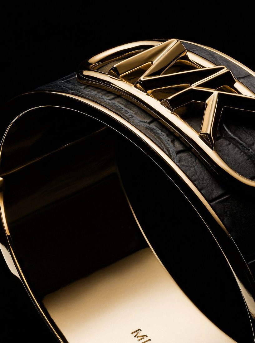 Bracelets Michael Kors Precious Metal-Plated Brass and Crocodile Embossed Empire Logo Bangle Femme Noir | 6015LHXVZ