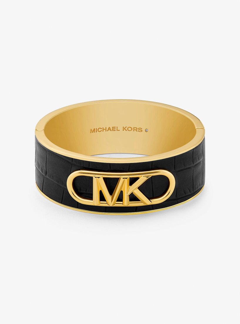Bracelets Michael Kors Precious Metal-Plated Brass and Crocodile Embossed Empire Logo Bangle Femme Noir | 6015LHXVZ