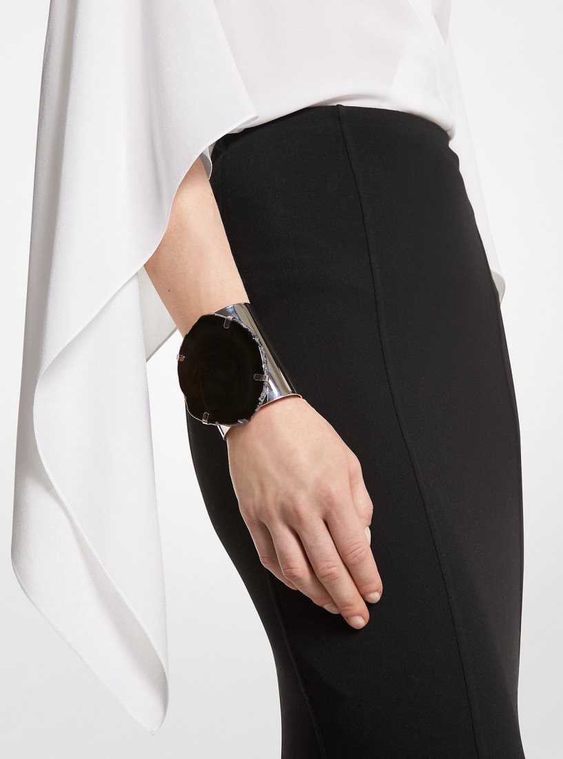 Bracelets Michael Kors Precious Metal-Plated Brass and Agate Cuff Femme Noir Argent | 4279XBIRM