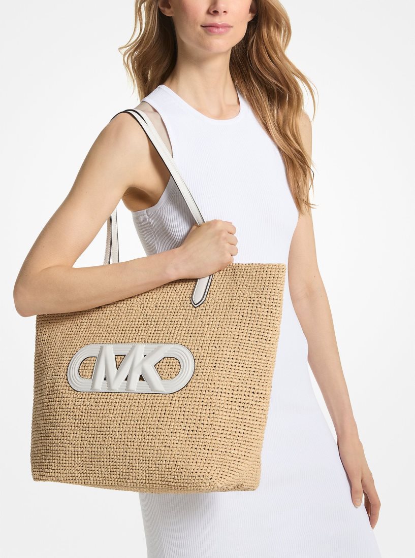 Cabas Michael Kors Eliza Extra-Large Empire Logo Straw Tote Bag Femme Nat/Opticwht | 6078JCYRU