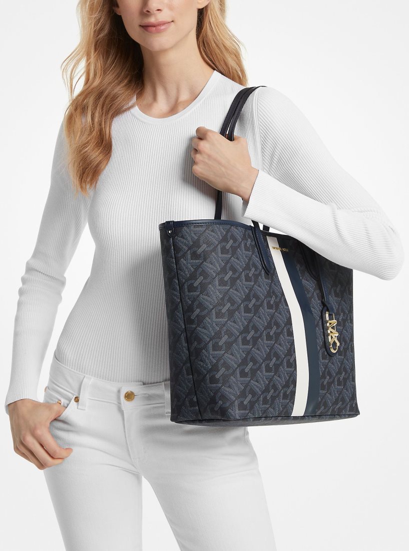 Cabas Michael Kors Eliza Large Empire Signature Logo Stripe Tote Bag Femme Admrl/Plblue | 9043HFICV