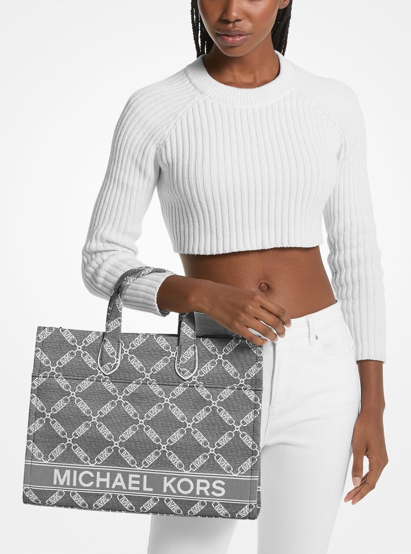 Cabas Michael Kors Gigi Large Empire Logo Jacquard Tote Bag Femme Noir Blanche | 3678OAPMY