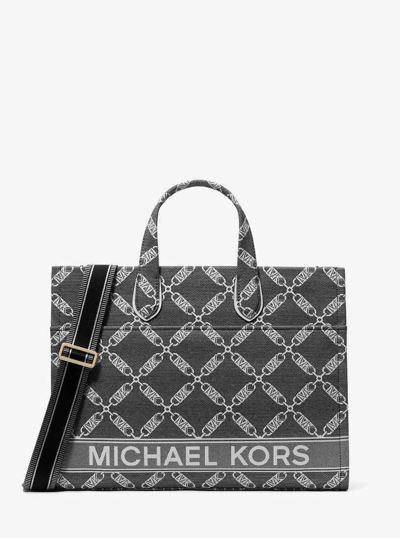 Cabas Michael Kors Gigi Large Empire Logo Jacquard Tote Bag Femme Noir Blanche | 3678OAPMY