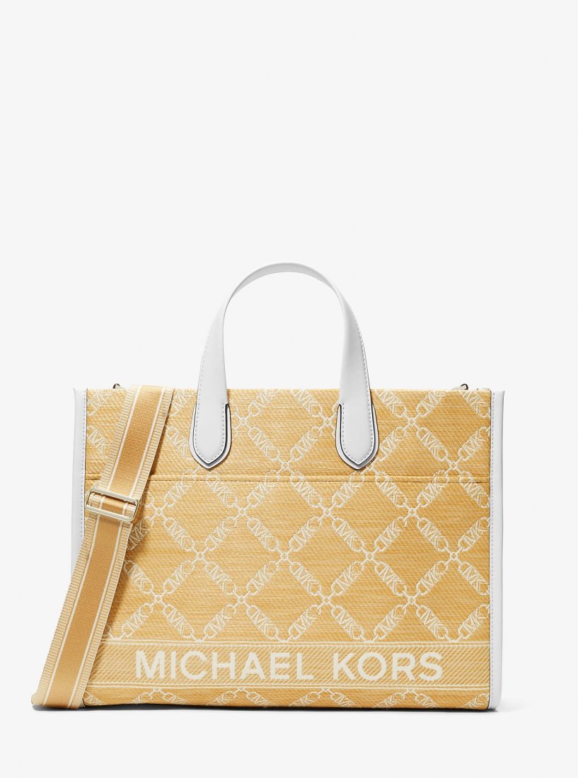 Cabas Michael Kors Gigi Large Empire Logo Jacquard Straw Tote Bag Femme Nat/Opticwht | 4015HKPXM