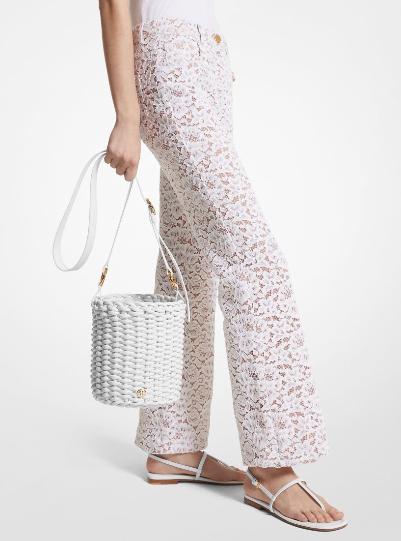 Cartable Michael Kors Julie Large Woven Leather Bucket Bag Femme Blanche | 0521RNAGX