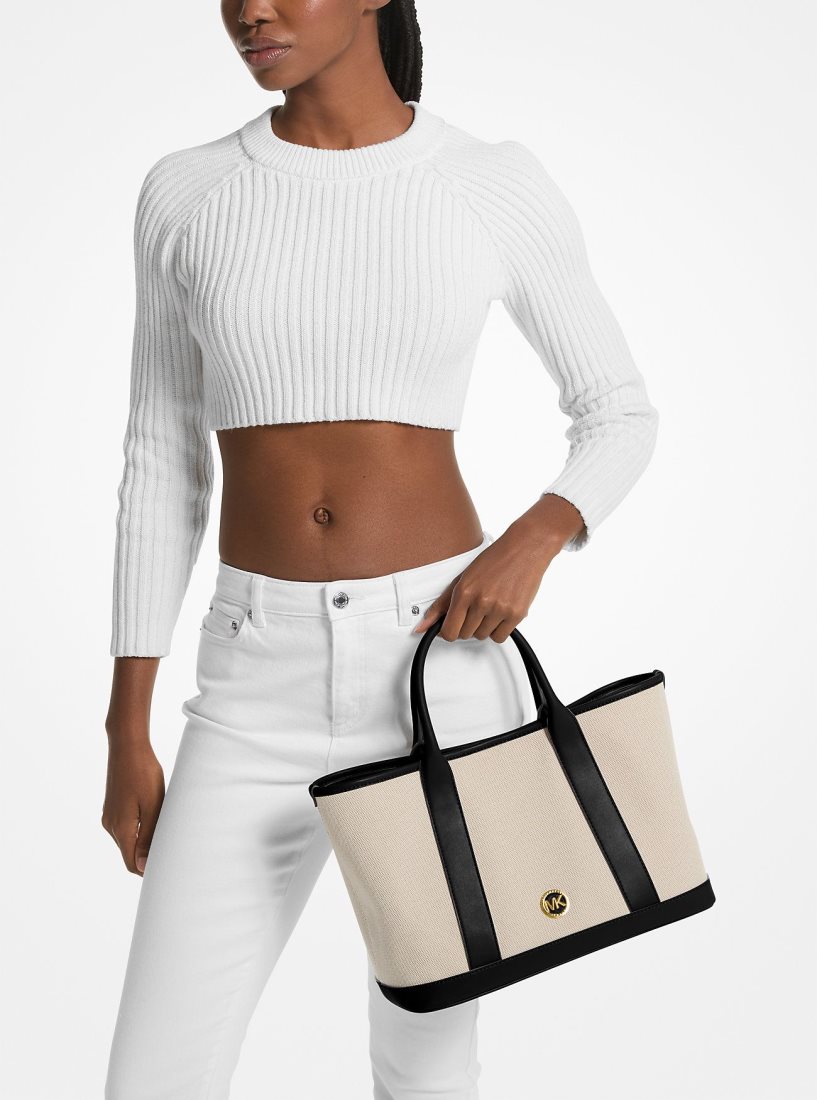 Cartable Michael Kors Luisa Medium Cotton Canvas Satchel Femme Beige Noir | 7302VINQF