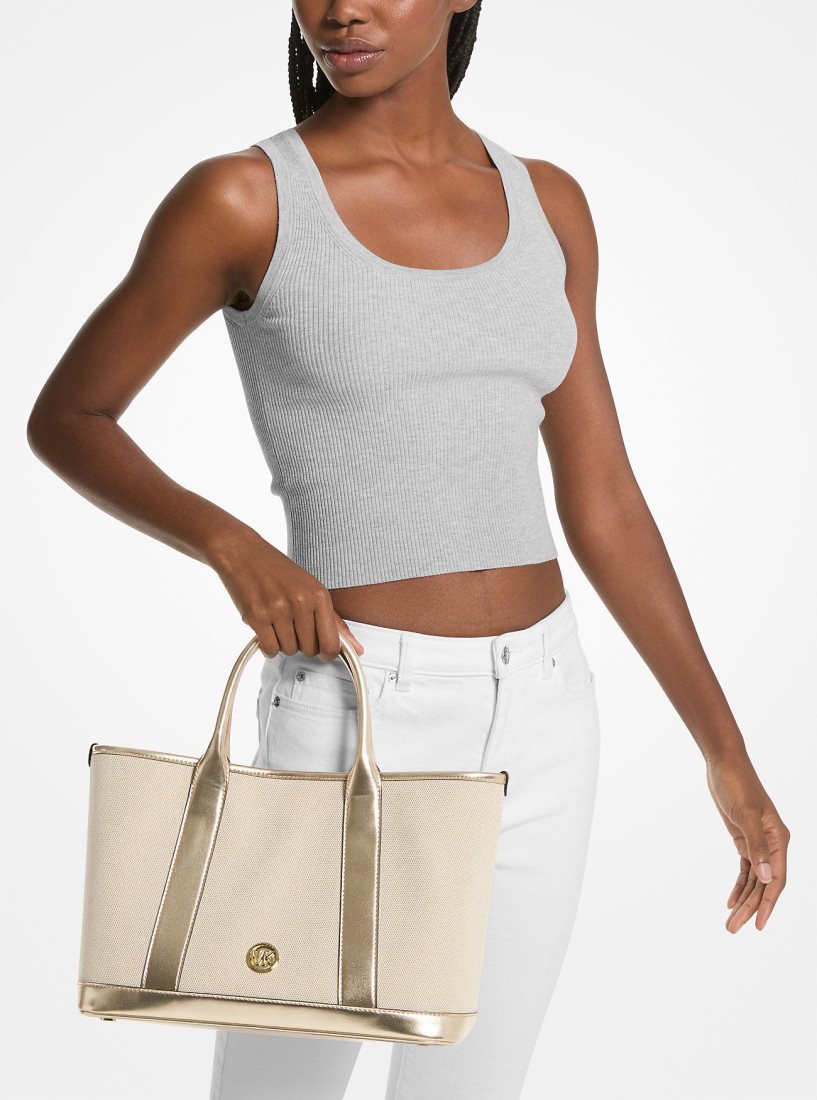 Cartable Michael Kors Luisa Medium Cotton Canvas and Metallic Satchel Femme Doré Beige | 4397HSWMP