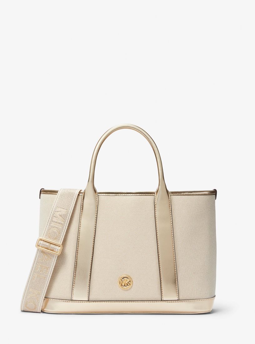 Cartable Michael Kors Luisa Medium Cotton Canvas and Metallic Satchel Femme Doré Beige | 4397HSWMP